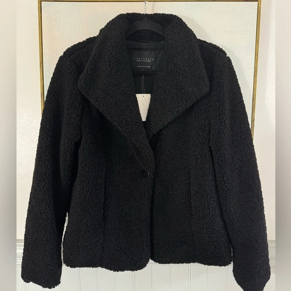 SANCTUARY NWT Black Fuzzy Teddy Bear Button Front Jacket Size Medium